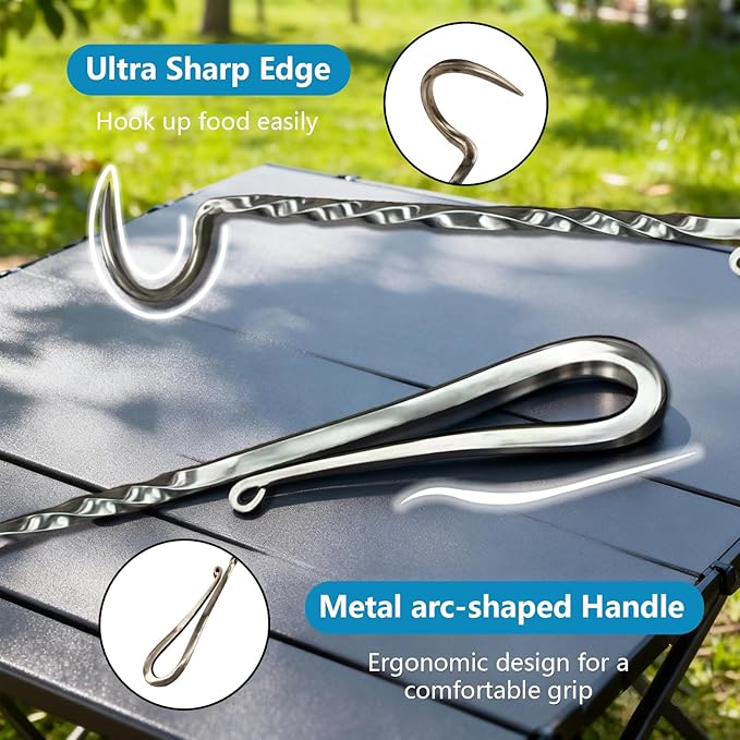 Meat Flipper, Grill Hooks for Turning, Heavy Duty Stainless Steel BBQ Turner Hooks with Long Handle for Flipping Ribs, Pork Shoulder, Roast on Smoker Grilling (Right Hand - B)