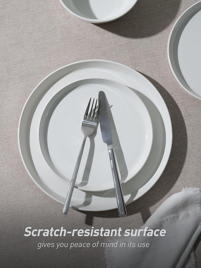 Famiware Saturn 16 Pieces Plates and Double Bowls Sets for 4, Stoneware Dinnerware Set with Pasta Bowl, Dish Set with Trim - Chip & Scratch Resistant, Microwave & Dishwasher Safe, White