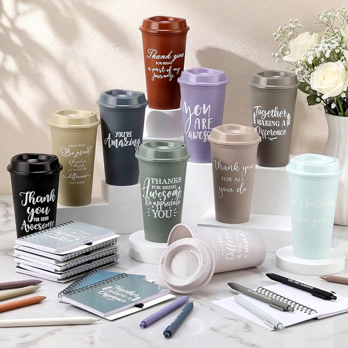 Teenyyou 90 Pcs Employee Appreciation Gift Set, 16oz Tumbler with Lid Notebook Pen Bulk Thank You Gift Holiday Party Favor for Teachers Office Coworker Teacher Staff Team (Dark Color,Delicate Style)