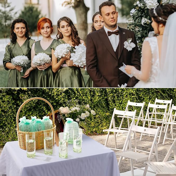 Sliner 50 Set Wedding Favors for Guests Bulk 2oz Acrylic Take a Shot We Tied the Knot Shot Glasses with Thank You Cards Organza Bags for Guest Souvenir Wedding Bridal Shower Gifts (Sage Green,Black)