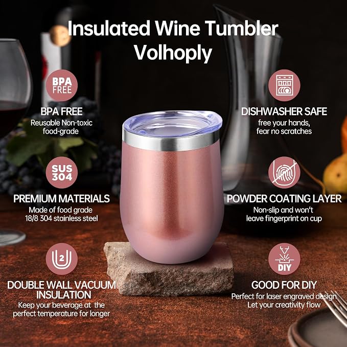 Volhoply 12oz Stainless Steel Wine Tumbler with Lid Bulk 4 Pack,Double Wall Vacuum Stemless Wine Glasses,Reusable Metal Travel Coffe Mug with Straw,Insulated Cup Gifts for Christmas（Rose Gold,4 Set）