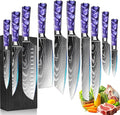 10-Piece Premium Japanese Kitchen Knife Set - Star Collection, Laser Damascus Pattern, 440A Stainless Steel Ultra Sharp for Fast Cutting (Purple)