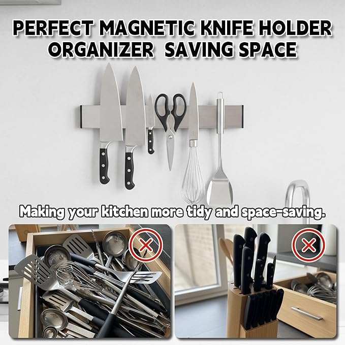 Magnetic Knife Strips, Magnetic Knife Holder for Wall 10.5 Inch, Stainless Steel Magnetic Strip Use as Knife Bar, Knife Holder for Kitchen Utensil Organizer