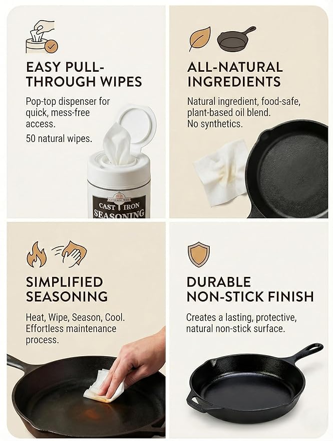 Cookware Care Cast Iron Seasoning Oil Wipes, 100 Wipes, Made in USA with Grapeseed Oil for Cast Iron Skillet, Blackstone Griddle (2 pack)