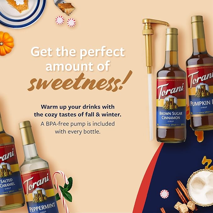 Torani Coffee Syrup, Pumpkin Pie, Brown Sugar Cinnamon, Salted Caramel, Peppermint, Syrup for Drinks, Fall & Winter Variety 4-Pack, Pumps Included, 25.4 Fl Oz Ea