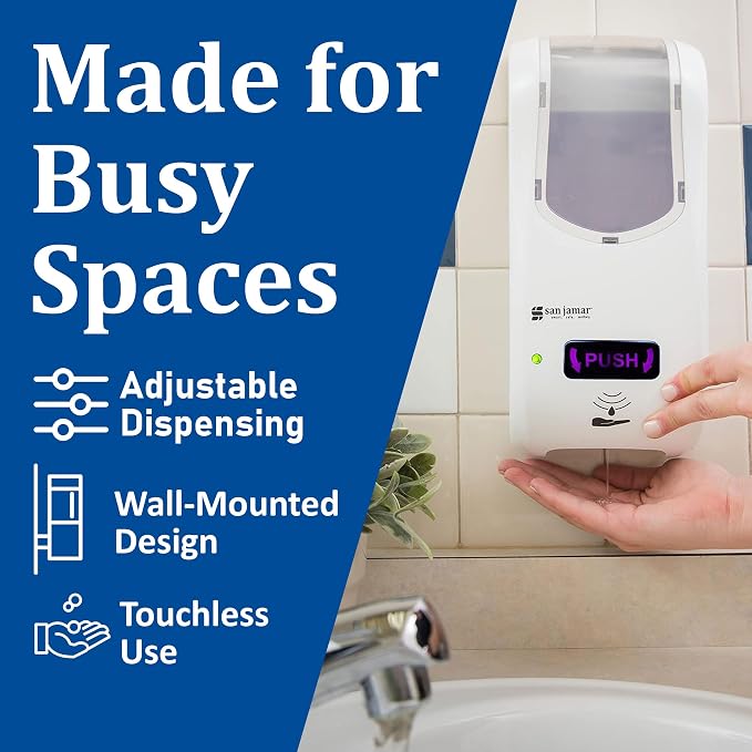 San Jamar Hybrid Soap Dispenser – 875ml Dual Manual Touchless Mode Liquid Dispenser, Adjustable Portioning, Multi-Surface Install for Bathroom or Commercial Use, White/Clear