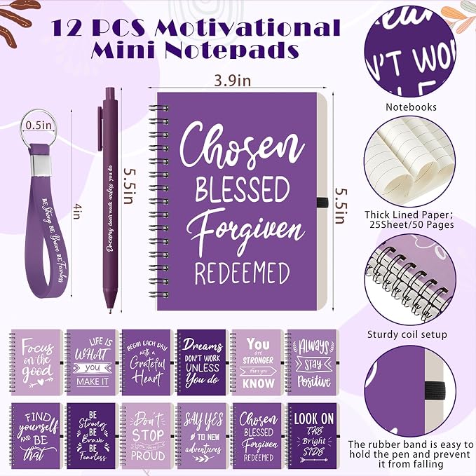 Skylety 12 Sets/48 Pcs Employee Appreciation Gifts 16oz Inspirational Plastic Cups Spiral Notebooks Ballpoint Pens Keychains Bulk Thank You Cup for Employee Coworker (Gradient Purple)