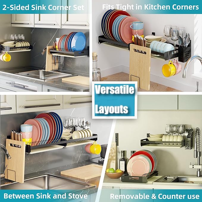 Hanging Wall Mounted Dish Drying Rack with Cutting Board Rack*1, Hook*4, Drain Tray*2, Apartment & RV Wall Mounted Dish Rack, Adhesive Mountable, Mounted Length: 31.8", Washable (Black)