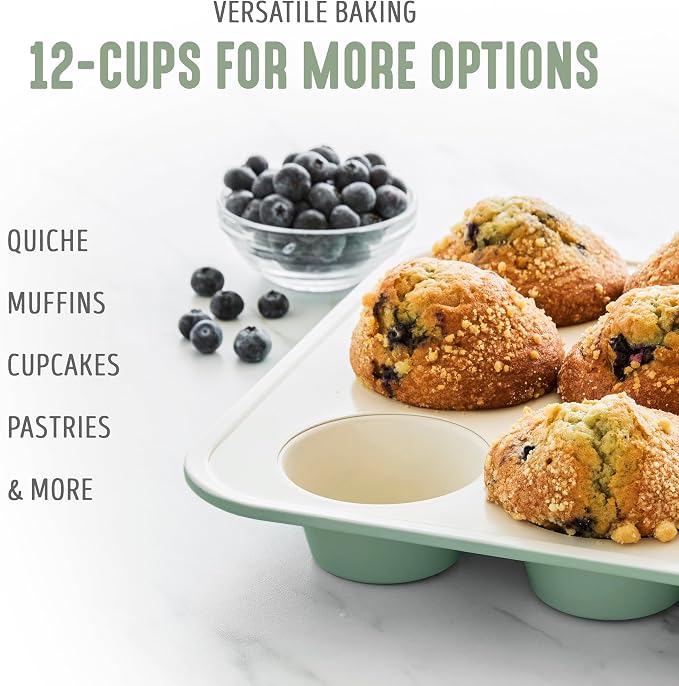 GreenLife 12-Cup Muffin Pan, PFAS-Free Healthy Nonstick Baking Tray, 11.4" x 1.9" x 15.9", Durable Ceramic Bakeware, Cupcakes, Egg Bites, Tarts, Brownies, Sage