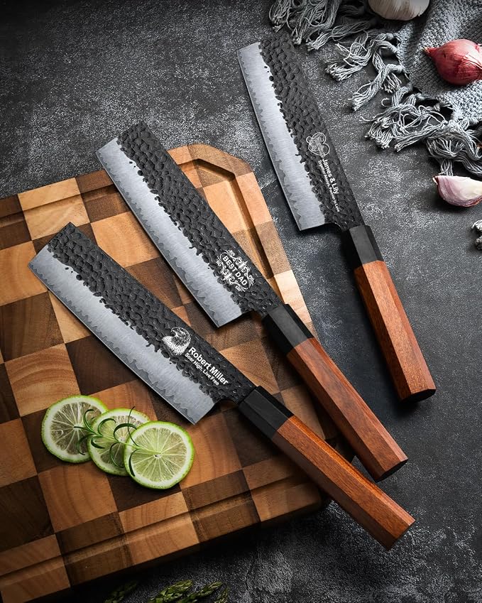 FAMCÜTE Custom Engraved 7'' Nakiri Knife, Hand Forged 5-Layer 9CR18MOV Steel Japanese Chef Knife with Rosewood Handle, Personalized Birthday Gifts for Men/Dad (Luxury Sandalwood Box)