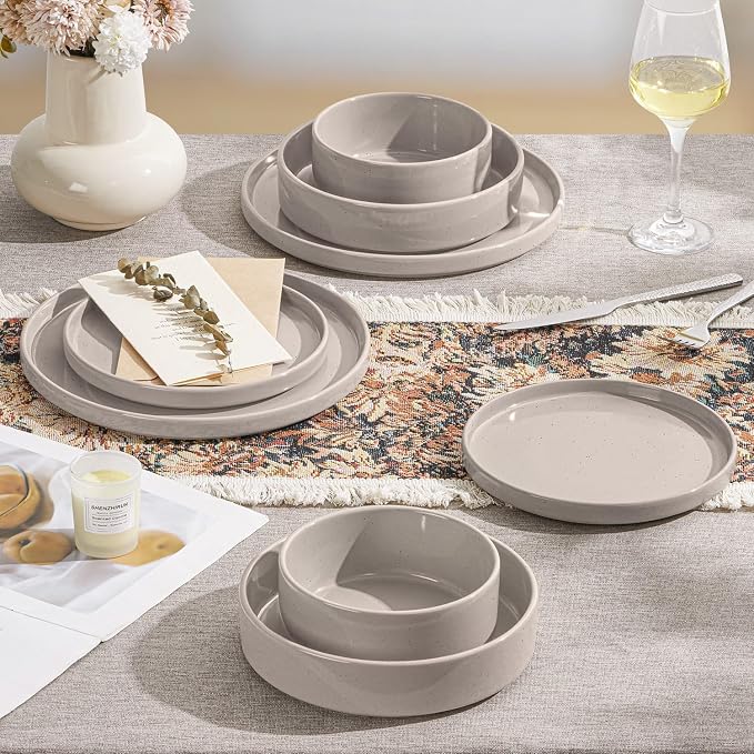 Herogo 24 Piece Plates and Bowls Set, Ceramic Dinnerware Sets with Pasta Bowls, Kitchen Dinner Ware Dishes Service for 6, Chip & Scratch Resistant Dishware, Speckled Coffee Brown