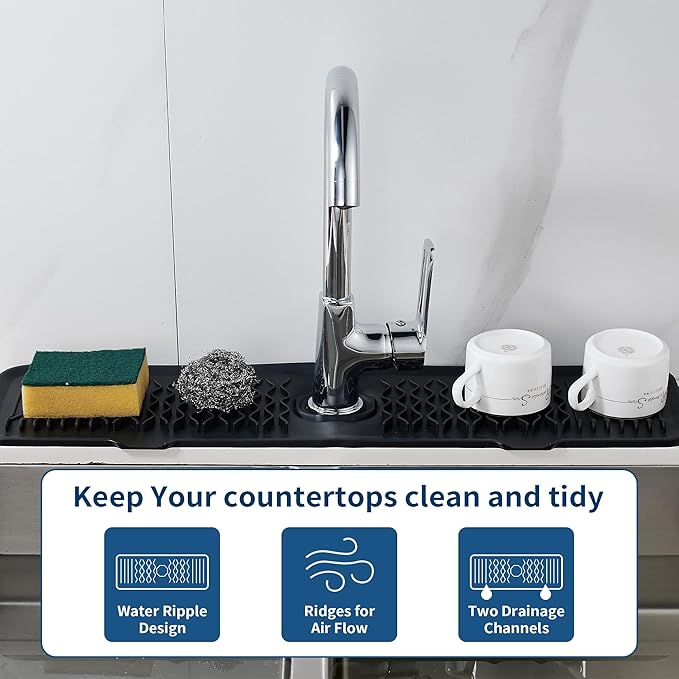 Kitchen Sink Splash Guard 24inch Black Silicone Draining Mat Dish Drying Mats Sponge Holder and Bathroom Countertop Protect Kitchen Sink Splatter Screen