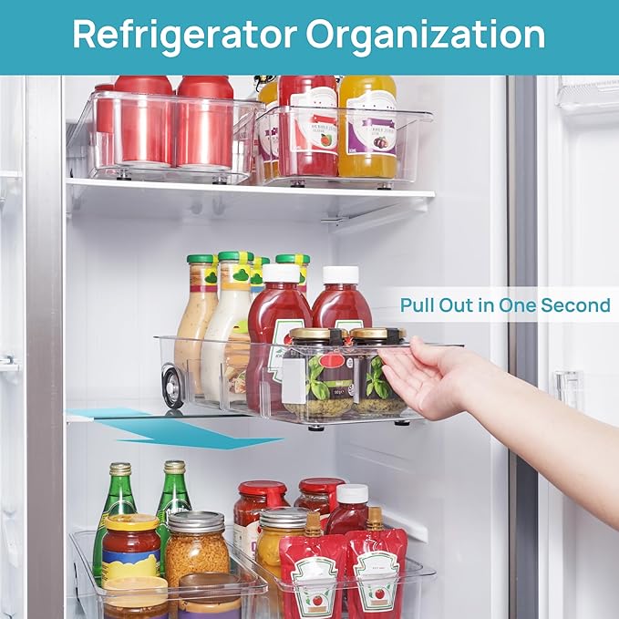 Vtopmart Fridge Organizer Bins on Wheels, Clear Roll Out Drawer Refrigerator Organizing Caddy with Dividers, Thick Plastic Storage Bins for Pantry, Kitchen, Cabinet etc