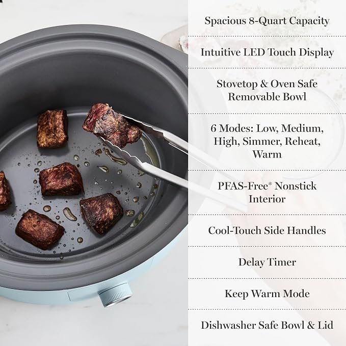 Martha Stewart 8 QT Slow Cooker, Programmable with Timer, 3 Heat Settings (Low, High, Warm), Nonstick Ceramic Removable Crock, Stovetop & Oven Safe, Glass Lid, Simmer, Reheat, Warm, Sky