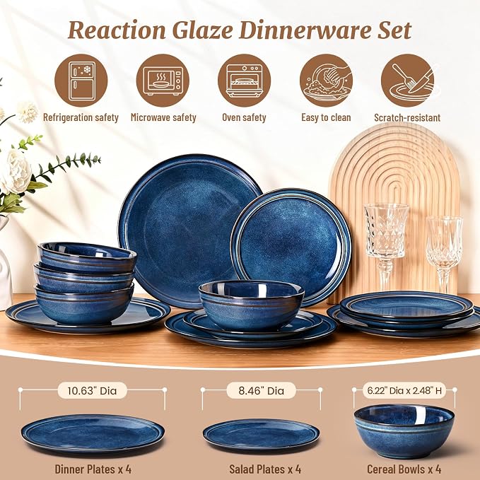 Plates and Bowls Sets 12 Pieces, Blue Reactive Glaze Dinnerware Set | Ceylon Blue Reactive Glaze Stoneware Dishes Service for 4, Handmade Dinnerware Scratch Resistant, Dishwasher Microwave Safe