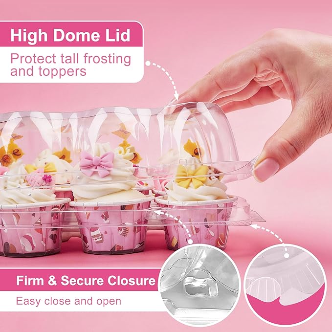 LotFancy (12 Count x 40 Sets) Mini Cupcake Containers with 480 Liners, Clear Plastic Cupcake Boxes Holders, Dozen Disposable Cupcake Carriers with Detachable Lid