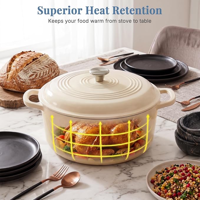 DUMOS Cast Iron Dutch Oven, 6 Quart Pot with Lid, Enameled Heavy Duty Cookware, Oven Safe to 500°F, Perfect for Bread Baking, Stews and Roasting, Moisture Sealing Lid with Dual Handles, Beige