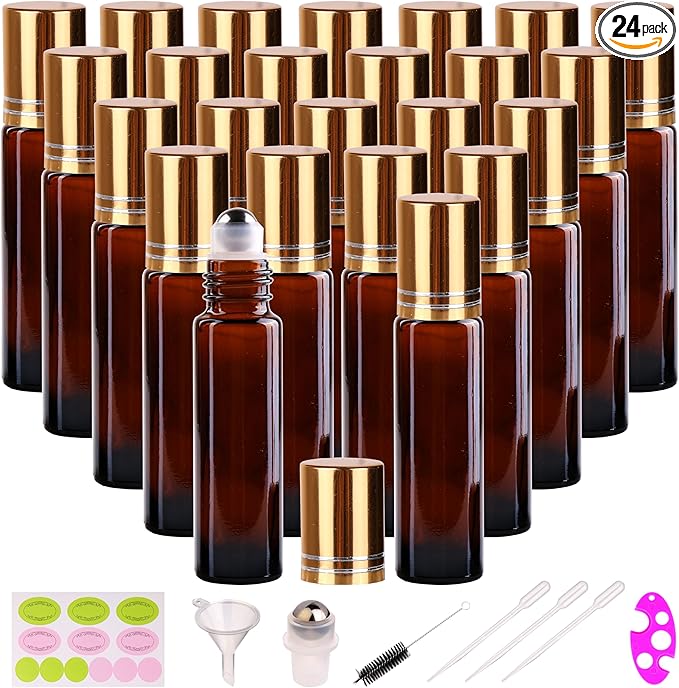 inice 24 Pack Roller Bottles for Essential Oils, Amber Galss 10ml Roll On Bottle with Stainless Steel Roller Balls and Metal Caps