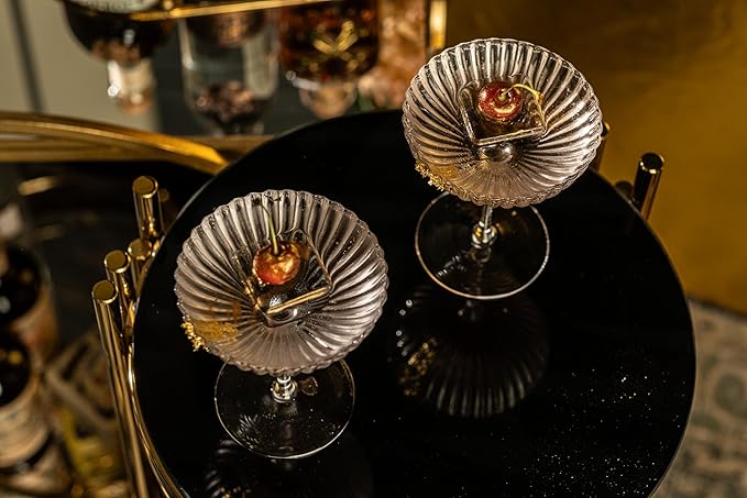Venus Seashell Coupe Cocktail Glasses | Set of 4 | 8 oz Crystal Ribbed Champagne Saucers for Drinking P-Star and Espresso Martini, Margarita, Daiquiri, Cosmopolitan, Gimlet | Elegant Gift Glassware