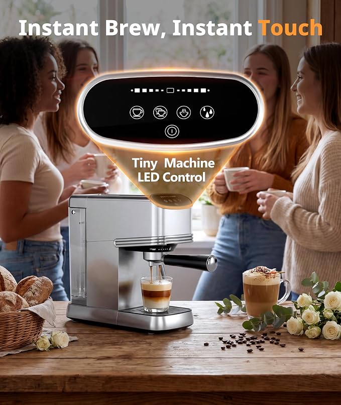 Electactic Compact Espresso Coffee Machine, Espresso Maker with Powerful Milk Frother for Cappuccino, Latte, Small Coffee Machine & Coffee Maker for Home, Apartments, Offices, Dorms, Silver