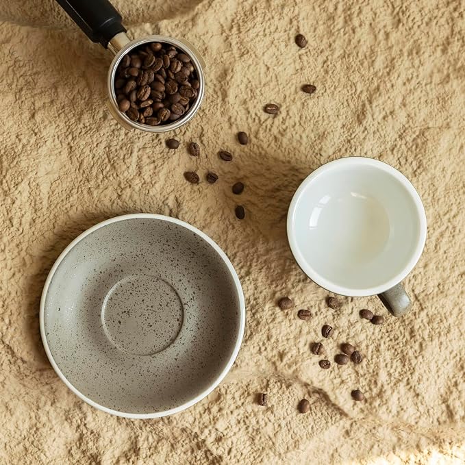 Loveramics Coffee Cup Ceramic, 8 oz Latte Art Cup with Saucer for Cappuccino, Tea, Espresso, Thick - walled stoneware Cappuccino mug Set for Cafe and Barista - Potters Colours (Granite, 8OZ)