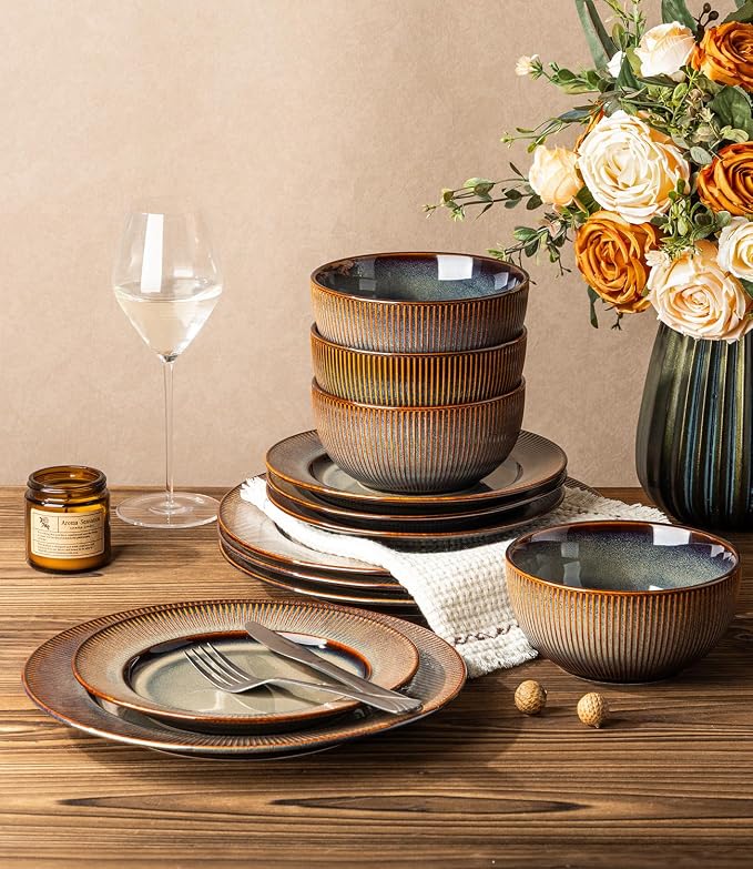 TheTerra Stoneware Dinnerware Sets for 4, 12 Pieces Ceramic Plates and Bowls Sets, Scratch Resistant Embossed Dish Set, Oven, Microwave & Dishwasher Safe, Coca Mocha