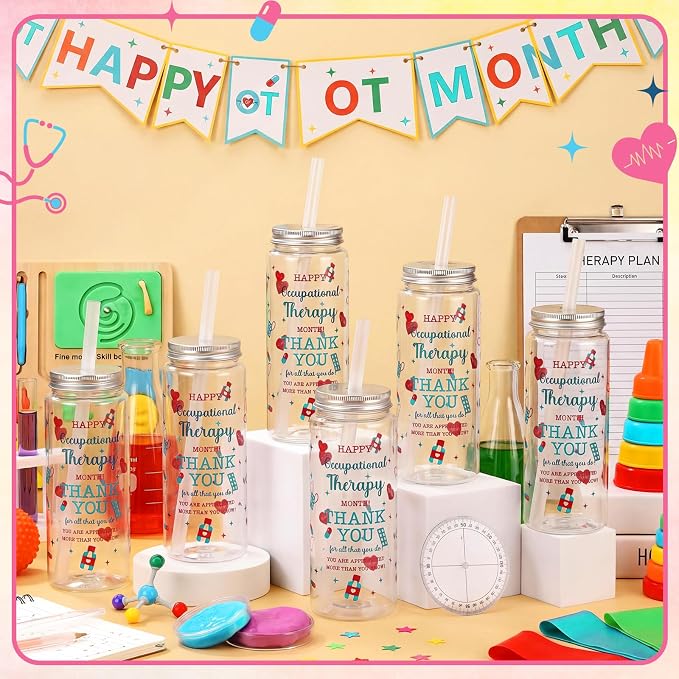 Skylety 24 Pack Occupational Therapy Gifts Cups Bulk, OT Month Appreciation Gifts, Plastic Cups with Lids and Straws for OT Doctor Nurse Occupational Therapy Assistant Employee Staff Party Supplies
