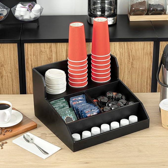 Restaurantware-15 x 14.25 x 9.25 Inch Coffee Condiment Organizer, 1 Countertop Tea Station Organizer - 3 Shelf, Heavy-Duty, Black Bamboo Coffee Bar Holder, For Breakrooms, Offices, or Homes,