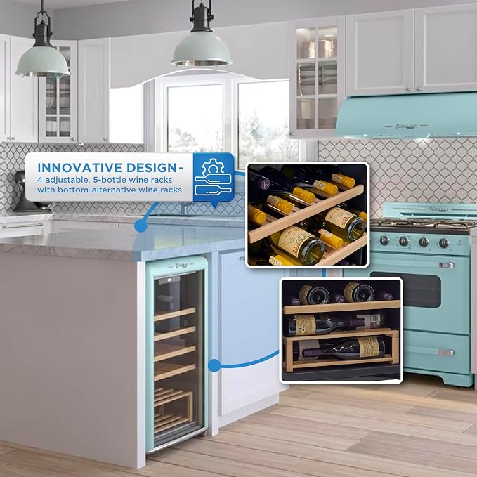 Unique Appliances Classic Retro Electric Wine Cooler, 28-Bottle Wine Fridge with Adjustable Wooden Shelves and Intuitive Digital Control Panel, Single Zone, 21", Ocean Mist Turquoise