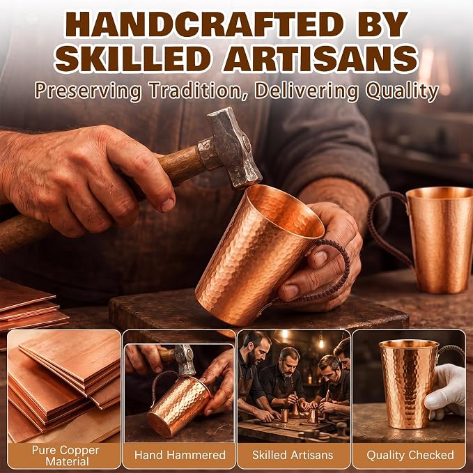 Willinglong 2 Pcs 100% Pure Copper Cup Tumblers 18.5 oz with Handle Handcrafted Hammered Copper Cups, Ayurvedic Health Benefits Drinking Vessel for Family Health Water, Cocktails, Iced Tea Glasses