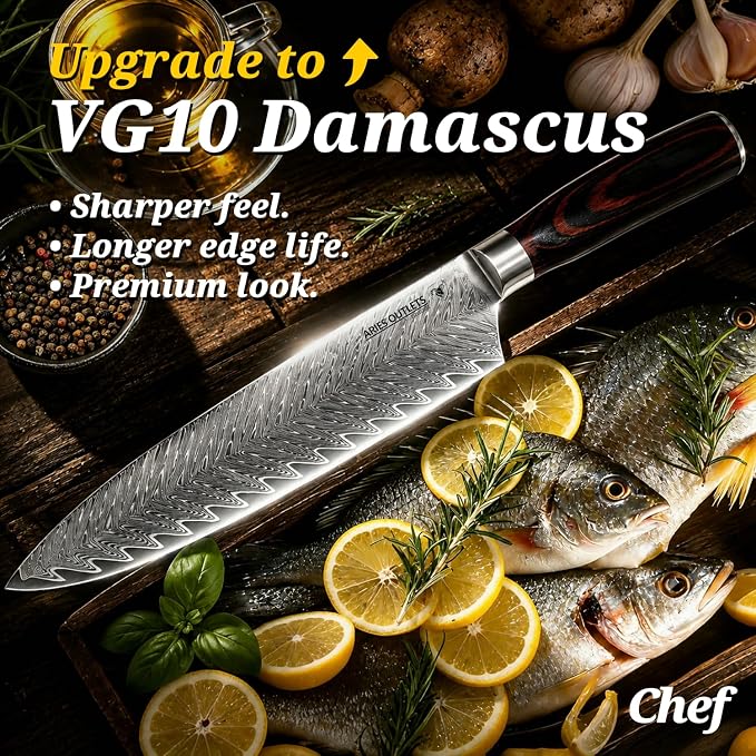 VG10 HPS 3 Piece Japanese Chef Knife Set, Damascus Kitchen Knives with VG10 Steel Core, Essential Chef Knives Set with Pakka Wood Handle for Daily Cooking