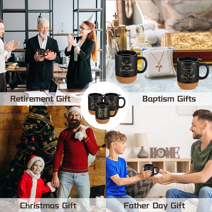FillTouch 12 Pcs Christian Mug Gifts Bulk 15oz Religious Cup Cork Bottom Coffee Mug with Verse Inspirational Gift for Women Men Pastor Church Group Bible Study Member(Black,Classics)