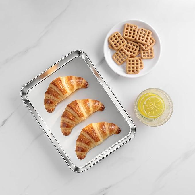 LIANYU Stainless Steel Tray for Baking, 9.2x7” Small Cookie Baking Sheet Pan, Metal Cooking Sheet Tray for Oven, Rust Free & Mirror Finish, Dishwasher Safe, 2 Pack