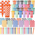 Feifeiya 72 Pcs/ 24 Set Summer Checkered Gifts Bulk 24 oz Checkered Tumbler with Lids and Straws Colorful Pens Notepads Set Plastic Cups Gift for Summer Party Favors Birthday