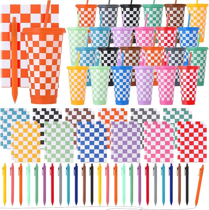Feifeiya 72 Pcs/ 24 Set Summer Checkered Gifts Bulk 24 oz Checkered Tumbler with Lids and Straws Colorful Pens Notepads Set Plastic Cups Gift for Summer Party Favors Birthday