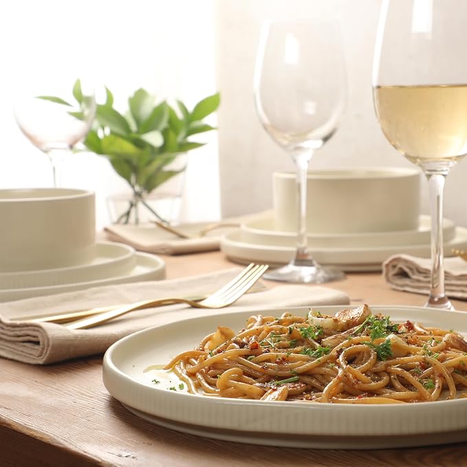 Gibson Elite Avant-Garde 12 Piece Stoneware Dinnerware Set for 4, Linen White Plates and Bowls Set with Reactive Glaze, Includes Dinner Plates, Salad Plates and Bowls