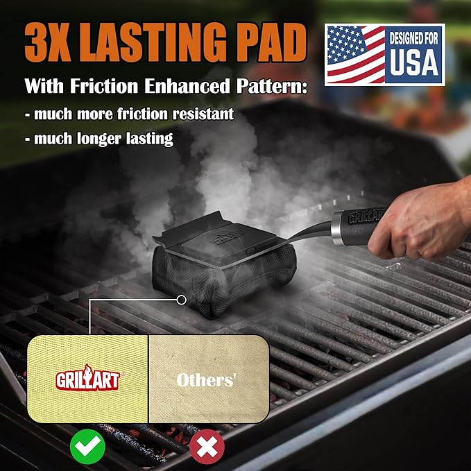 GRILLART Grill Brush Bristle Free - Safe 17" Long Handle with Built-In Solid Scraper - Steam Clean Stubborn Grease Replaceable Head - Reinforced BBQ Accessories for All Grate Types - Gifts for Men Dad