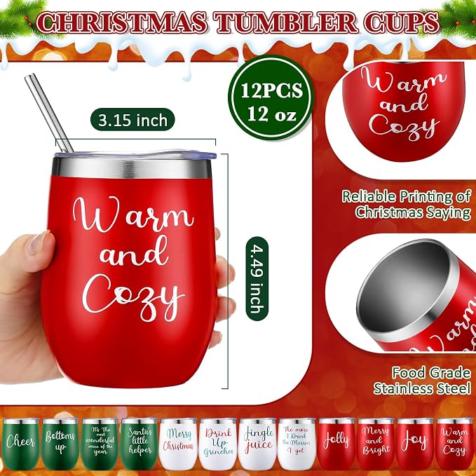 Ziliny 12 Pcs Christmas Wine Tumbler Set, 12 Oz Stainless Steel Double Wall Vacuum Insulated Coffee Mug Stemless Xmas Wine Glasses With Lid Straw Brushes for Women Friends Men Travel Gifts (Texts)