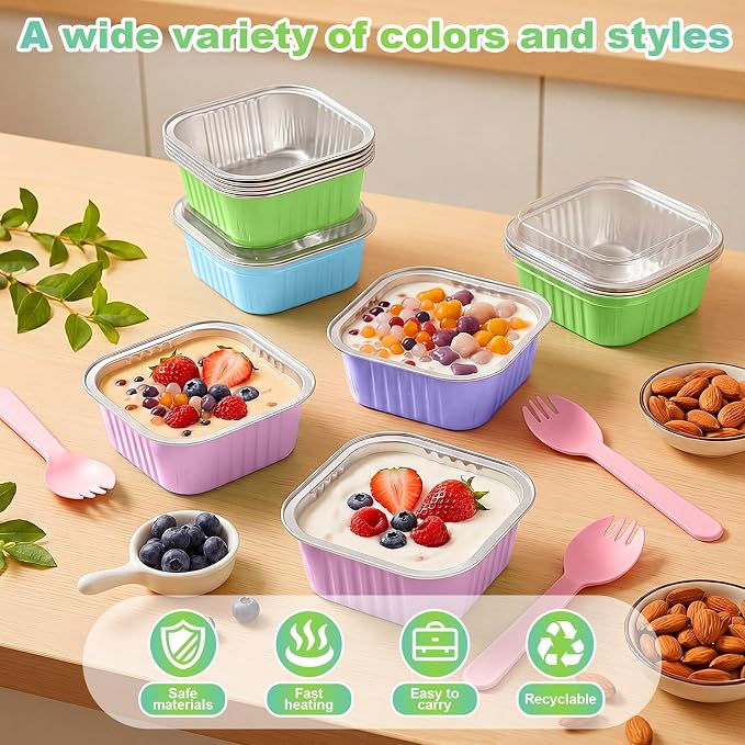 LemonRoad 120 Pcs Mini Loaf Pan with Lids and Spoons 6.8oz Rectangular Aluminum Foil Bread Pan 5oz Square Cake Cup with Decal Disposable Baking Supply for Graduate Wedding Birthday (Macaron Colors)
