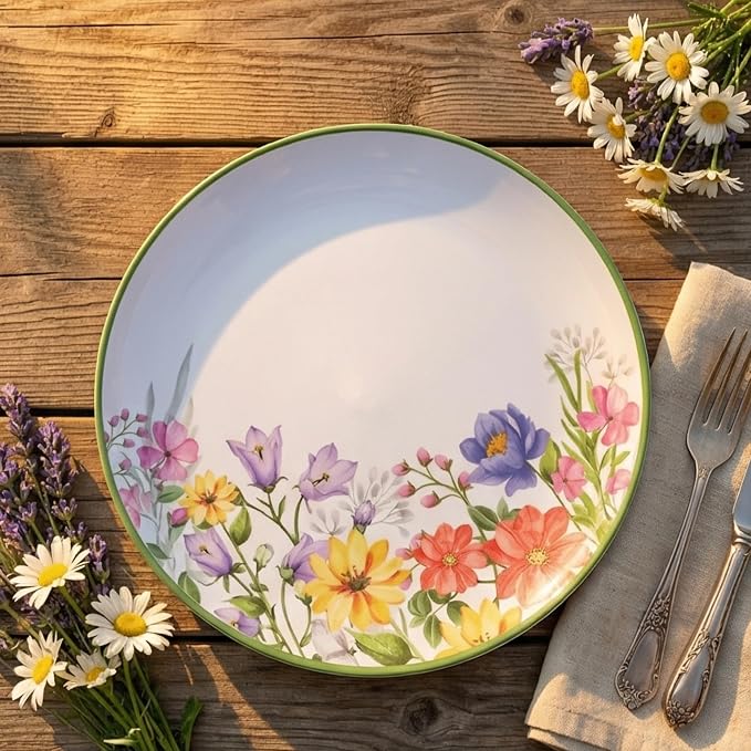 12 Piece Floral Melamine Dinnerware Sets, Green Camping Dishes Set, Spring Lightweight Plates and Bowls Sets, Service for 4, Unbreakable Dishwasher Safe Dish Set for Indoor & Outdoor Use