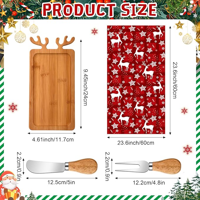 LemonRoad 12 Set Christmas Cutting Board Gift Christmas Reindeer Cutting Board with Knives Forks Kitchen Towels Merry Gift Tags Charcuterie Boards Bamboo Serving Tray for Xmas Birthday Party Favors