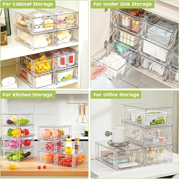 4 Pack Acrylic Storage Drawers, Clear Stackable Storage Drawers, Acrylic Organizers Drawers for Under Sink, Pantry, Bathroom, AcrylicStorage Containers for Makeup Organizers Cosmetic Display, Medium
