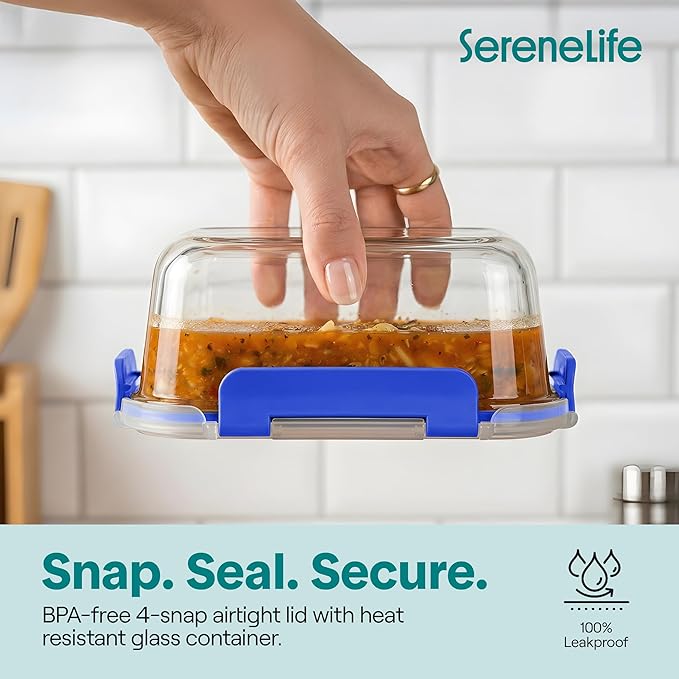 SereneLife 24 Piece Glass Storage Containers with Lids, 12 Pack Glass Meal Prep Container Set for Lunch, Kitchen Storage, Food Storage, Leak Proof, Freezer Safe and Dishwasher Safe, Blue