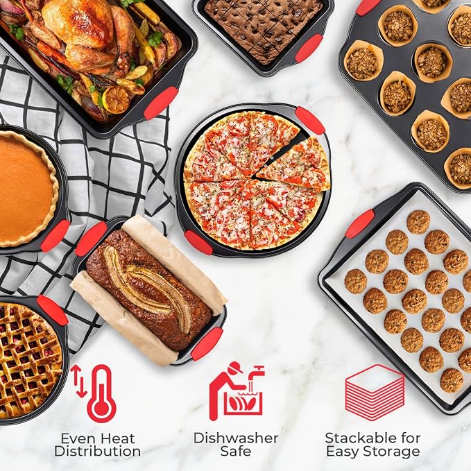 PERLLI Non-Stick 8-Piece Baking Pan Set, BPA-Free Carbon Steel Bakeware Set with Silicone Handles, Stackable Kitchen Oven Set, Cookie Sheet, Baking Tray, Baking Sheet Set, Oven Safe (446°F)
