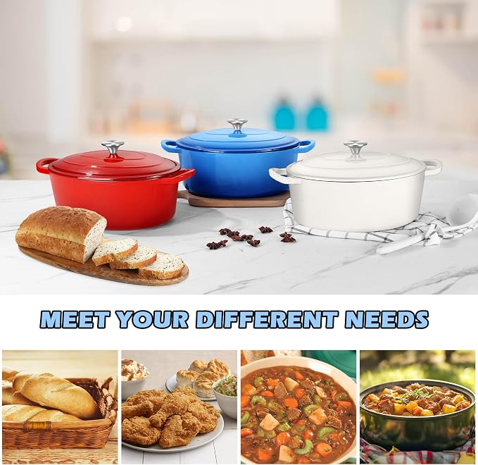 TeamFar Oval Dutch Oven, 5qt Enameled Cast Iron Dutch Oven Pot with Lid, For Bread Baking/Stewing/Braising/Frying, Suitable for Various Stoves, Dual Handles & Easy Cleanup, Blue