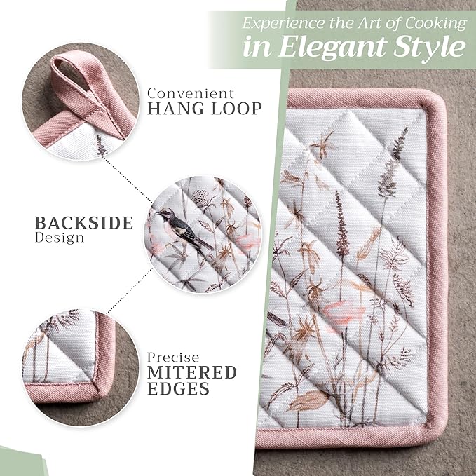 Maison d' Hermine Pot Holders 100% Cotton Heat Resistant Potholders 8" x 8" Hot Pads with Loop BBQ Baking Gifts for Mothers Day Handling Hot Pans Spring/Summer (Pack of 1, Meadow Florals - Brown)