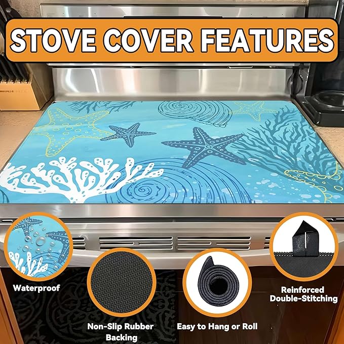 Decorative Stove Top Covers for Electric Stove 28"x20" – Heat Resistant Glass Cooktop Protector Dish Drying Mat – Non-Slip Rubber Backing Washer Top Cover Waterproof Extra Counter Space (Ocean 1)