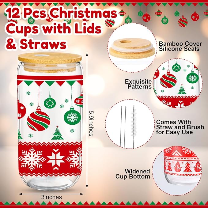 Skylety 12 Set Christmas Gifts Bulk 16 oz Red and Green Glass Cups with Lids Straws Xmas Notebook Sticky Note Pens for Employee Appreciation Women Students School Office Holiday Party Favors