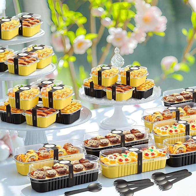 LemonRoad 240 Pcs Mini Loaf Pan with Lids and Spoons 6.8oz Rectangular Aluminum Foil Bread Pan 5oz Square Cake Cup with Decal Disposable Baking Supply for Graduate Wedding Birthday (Black,Gold)