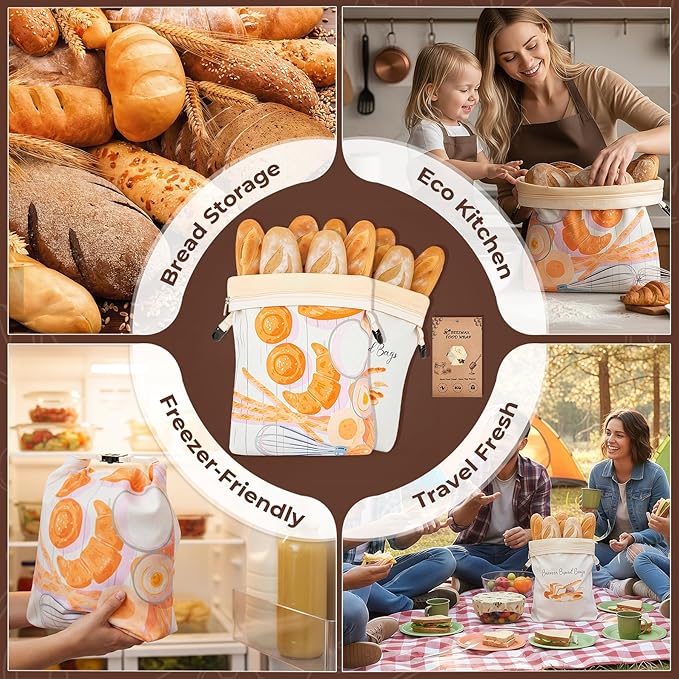 Beeswax Bread Bags for Sourdough and Homemade Bread - 2 Pack XL Cotton Storage Bags with Zipper & Buckle Double Seal - Includes 13x13.9" Beeswax Wrap for Bowl Cover - Reusable Produce Veggie Bag